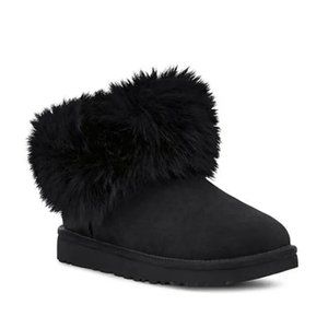 UGG Mini Fluff Collar Black Booties Sheepskin Suede US Size 6 1112491